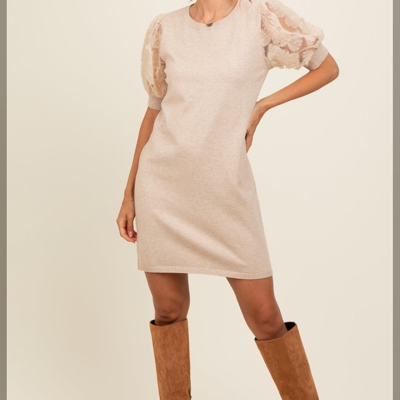 Pinkblush Dresses & Skirts - Pinkblush Beige Lace Puff Sleeve Mini Dress Large